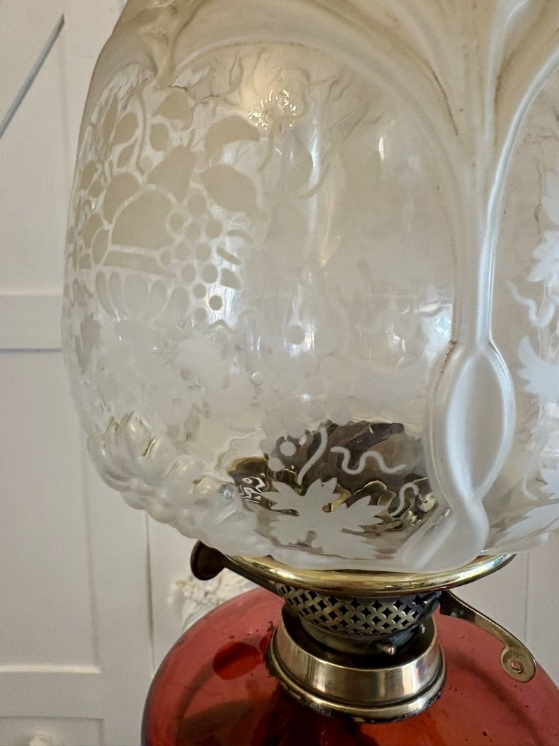 Antique Victorian Cranberry Glass Oil Lamp on Brass Corinthian Column